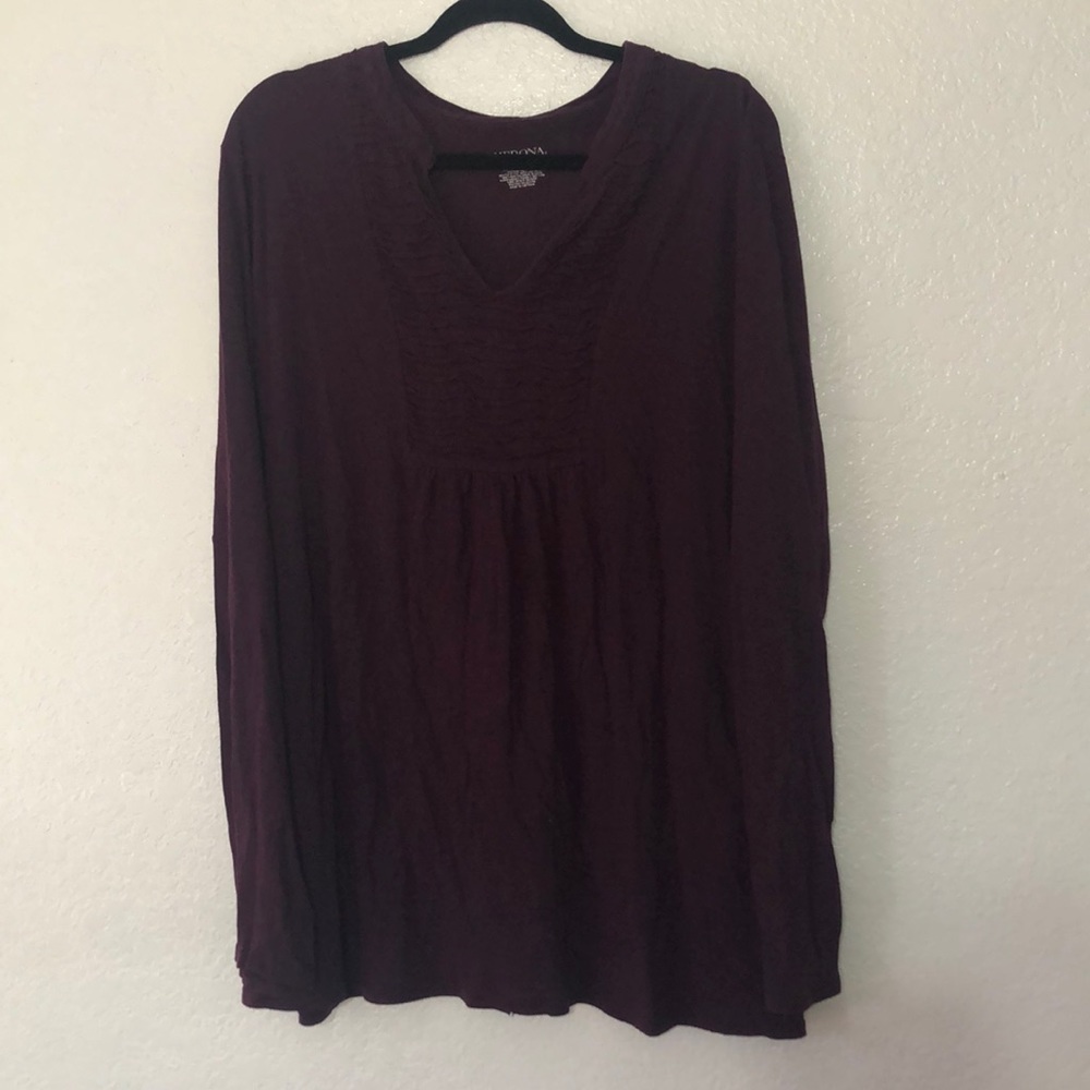 Merona Burgundy V-Neck Smocked Neckline Long Sleeve T-Shirt Tee Top